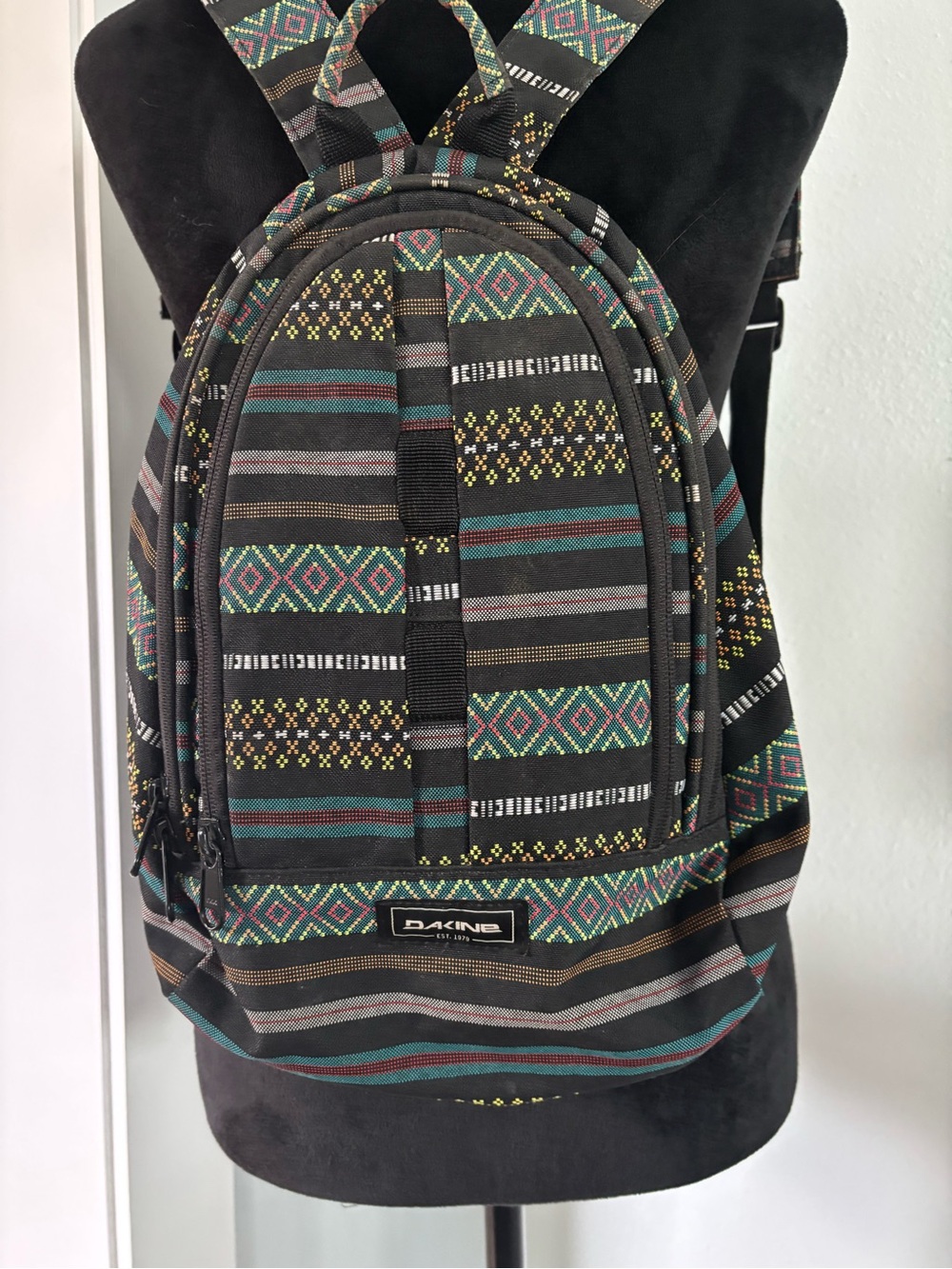 Dakine Cosmo 6.5L Multi-Stripe Patterned Mini Backpack in Teal, Black & Gray - Picture 2 of 6
